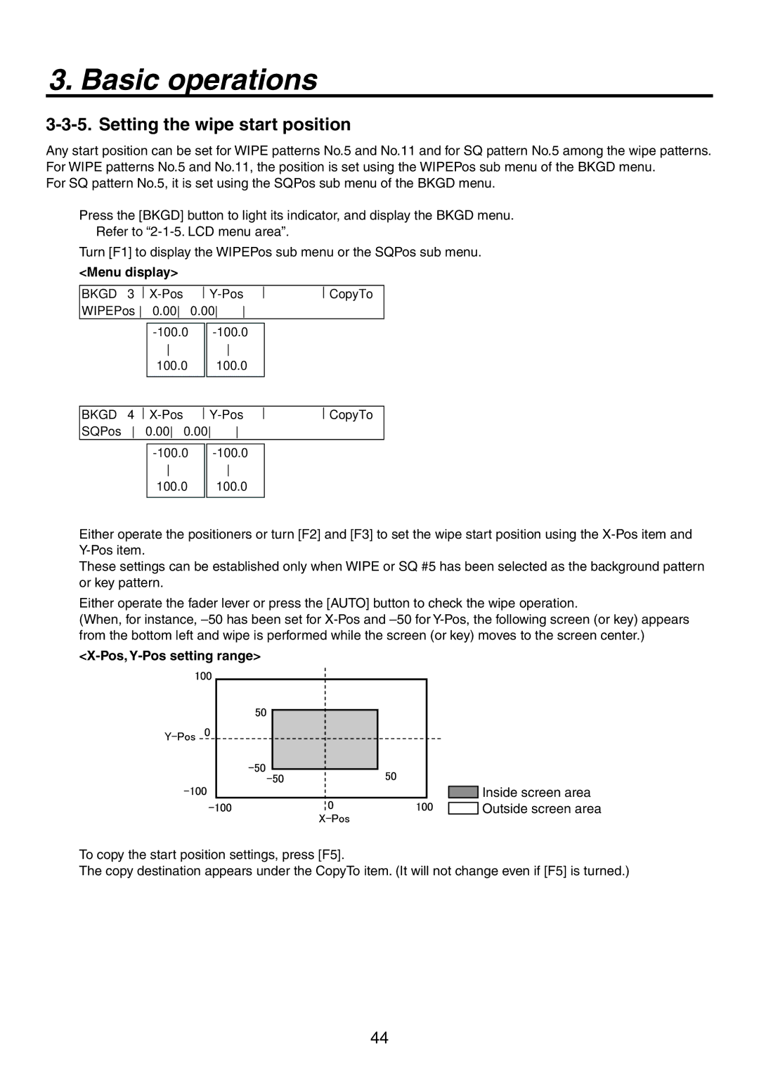 Panasonic AV-HS450N manual Setting the wipe start position, Pos, Y-Pos setting range 