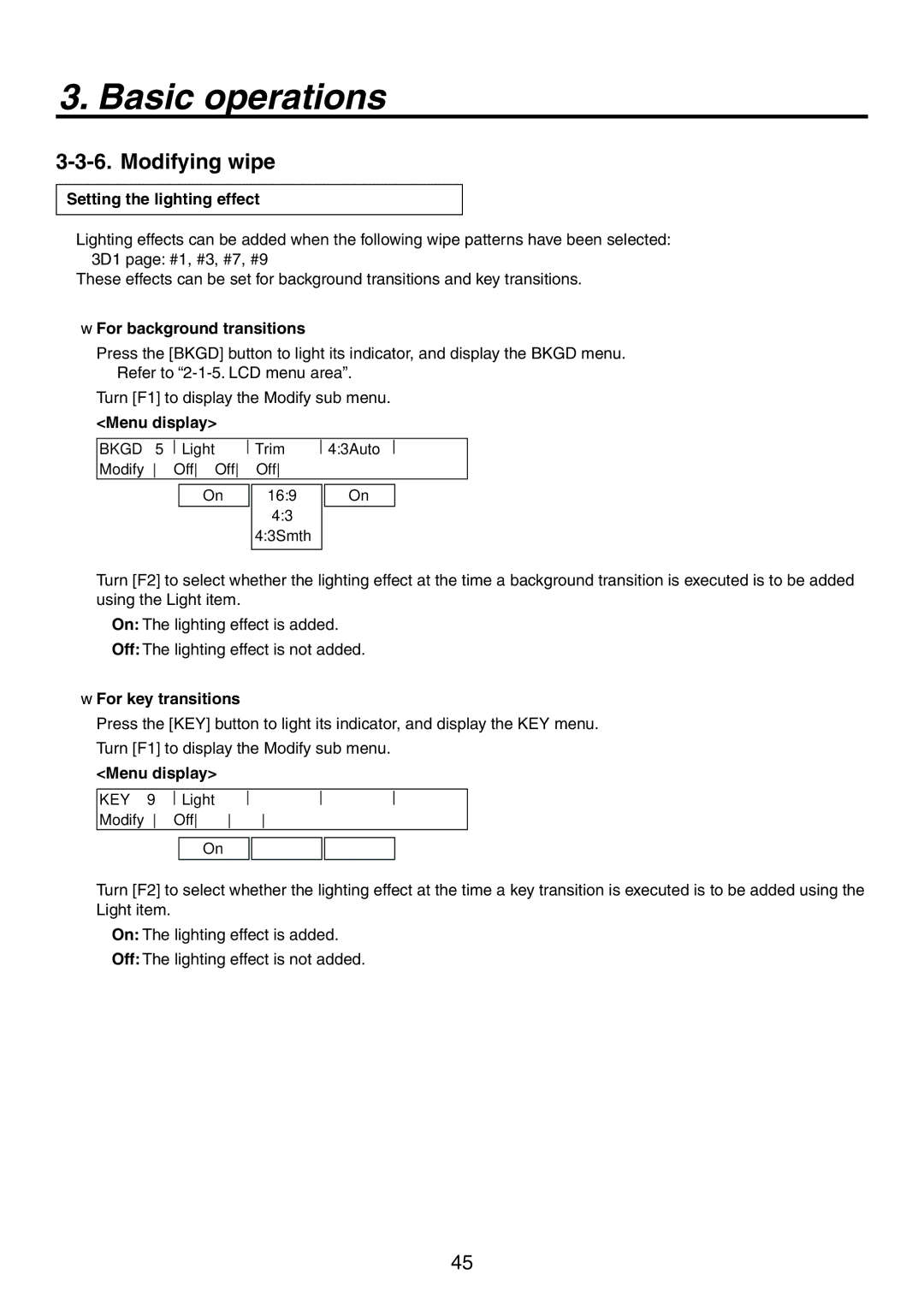 Panasonic AV-HS450N manual Modifying wipe, Setting the lighting effect,  For background transitions,  For key transitions 