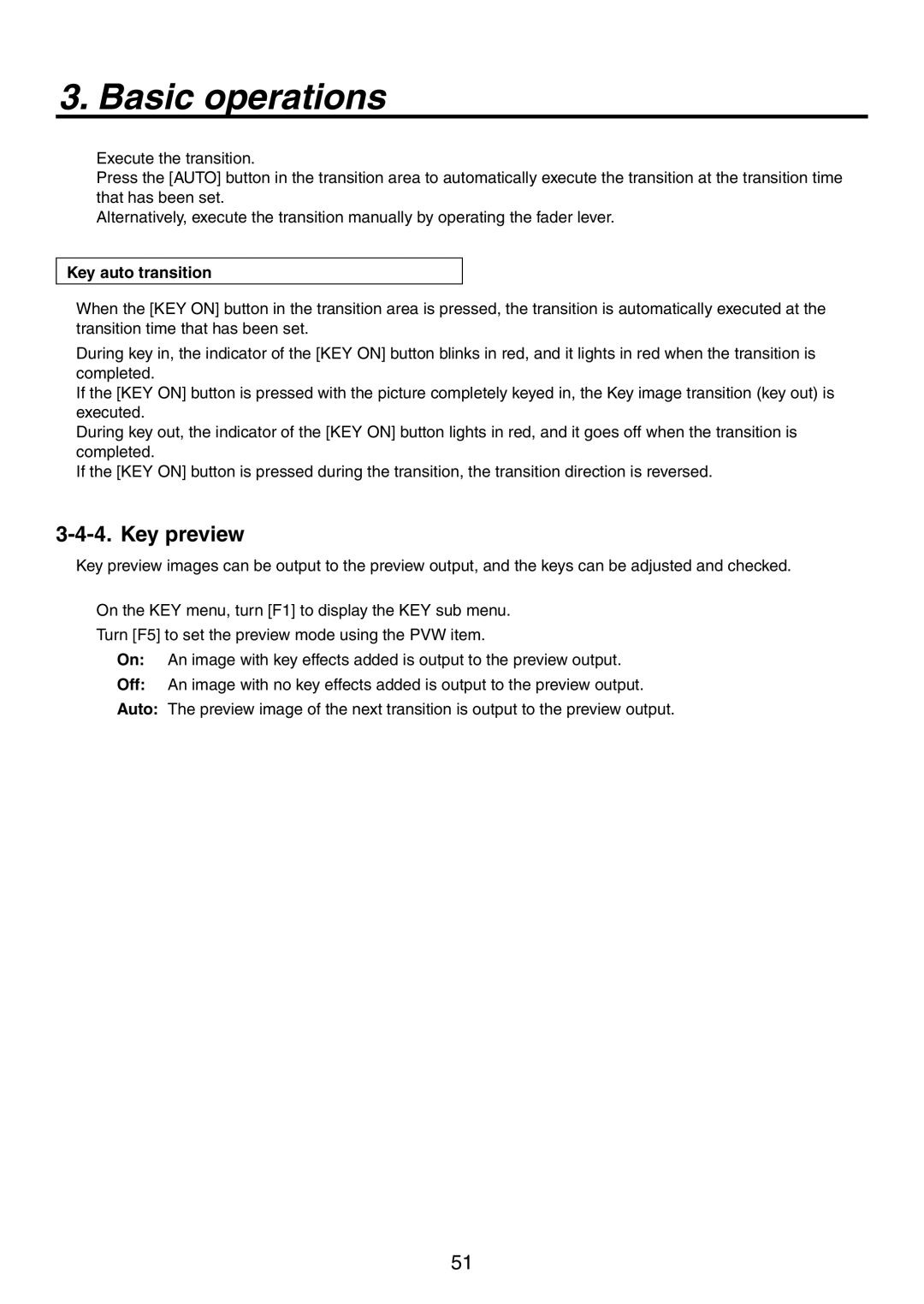 Panasonic AV-HS450N manual Key preview, Key auto transition 