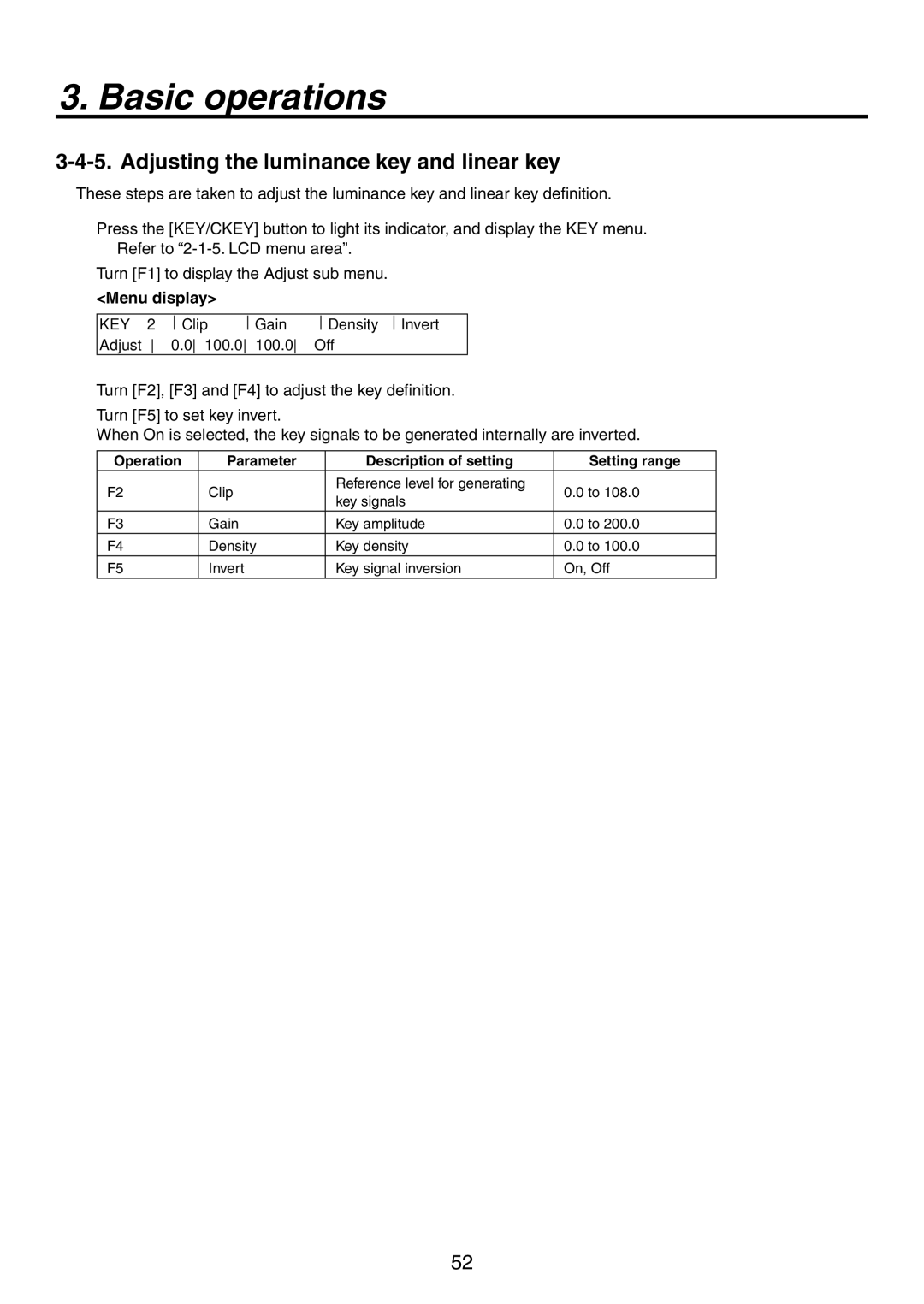 Panasonic AV-HS450N Adjusting the luminance key and linear key, Operation Parameter Description of setting Setting range 