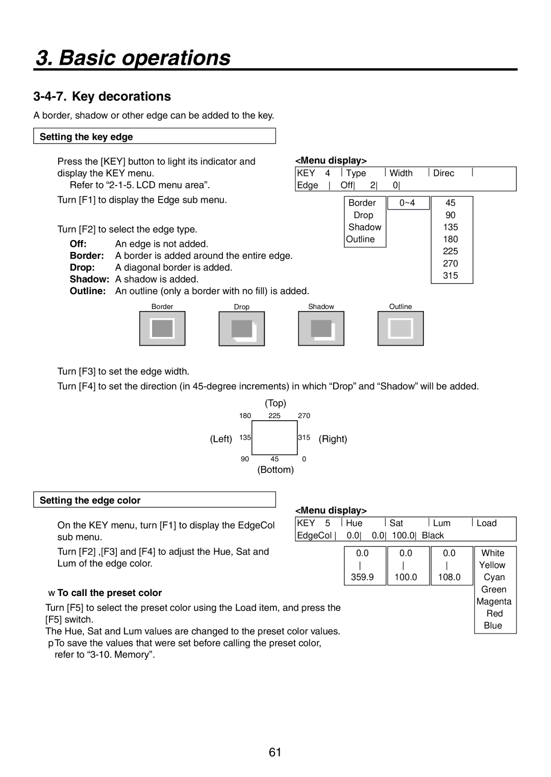 Panasonic AV-HS450N manual Key decorations, Setting the key edge, Setting the edge color 