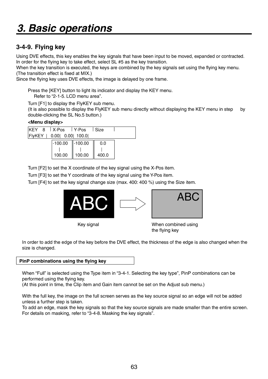 Panasonic AV-HS450N manual Flying key, PinP combinations using the flying key 