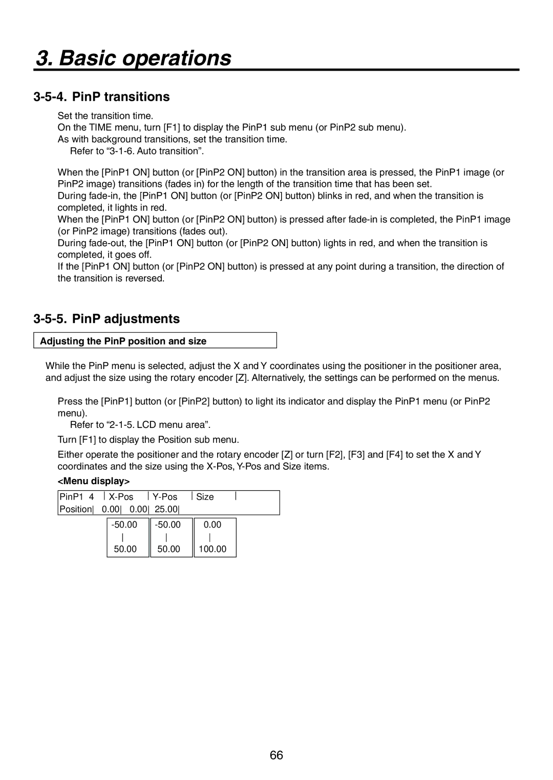 Panasonic AV-HS450N manual PinP transitions, PinP adjustments, Adjusting the PinP position and size 