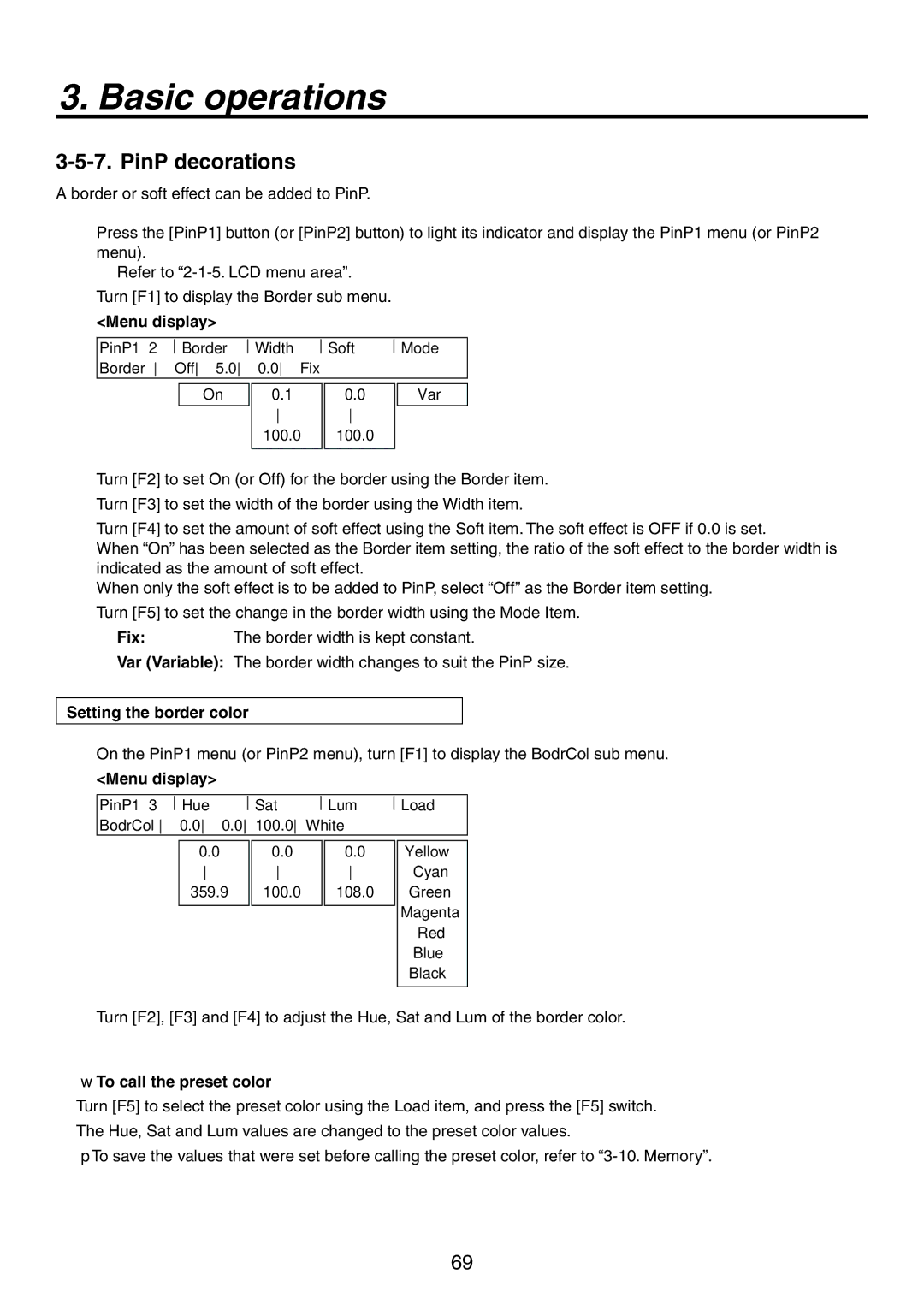 Panasonic AV-HS450N manual PinP decorations, Setting the border color 