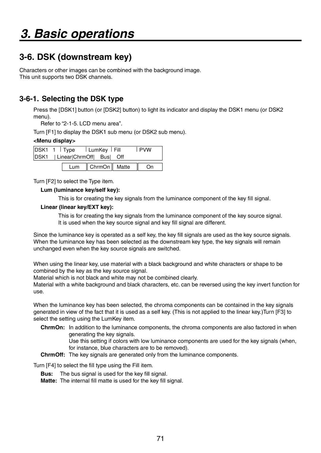 Panasonic AV-HS450N manual DSK downstream key, Selecting the DSK type 