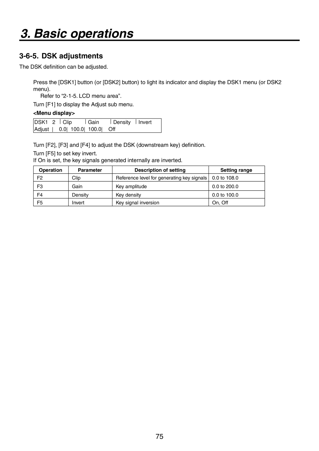 Panasonic AV-HS450N manual DSK adjustments, Operation Parameter Description of setting Setting range 