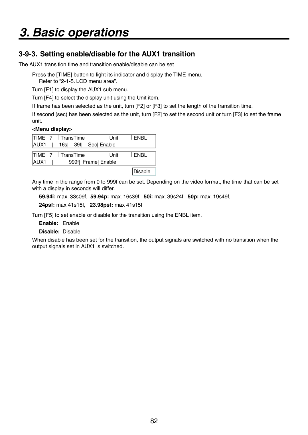 Panasonic AV-HS450N manual Setting enable/disable for the AUX1 transition, Enable Enable Disable Disable 