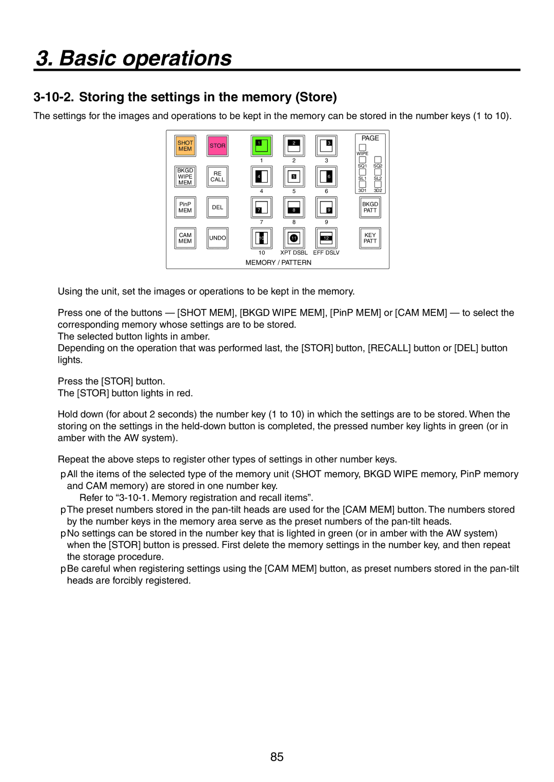 Panasonic AV-HS450N manual Storing the settings in the memory Store 