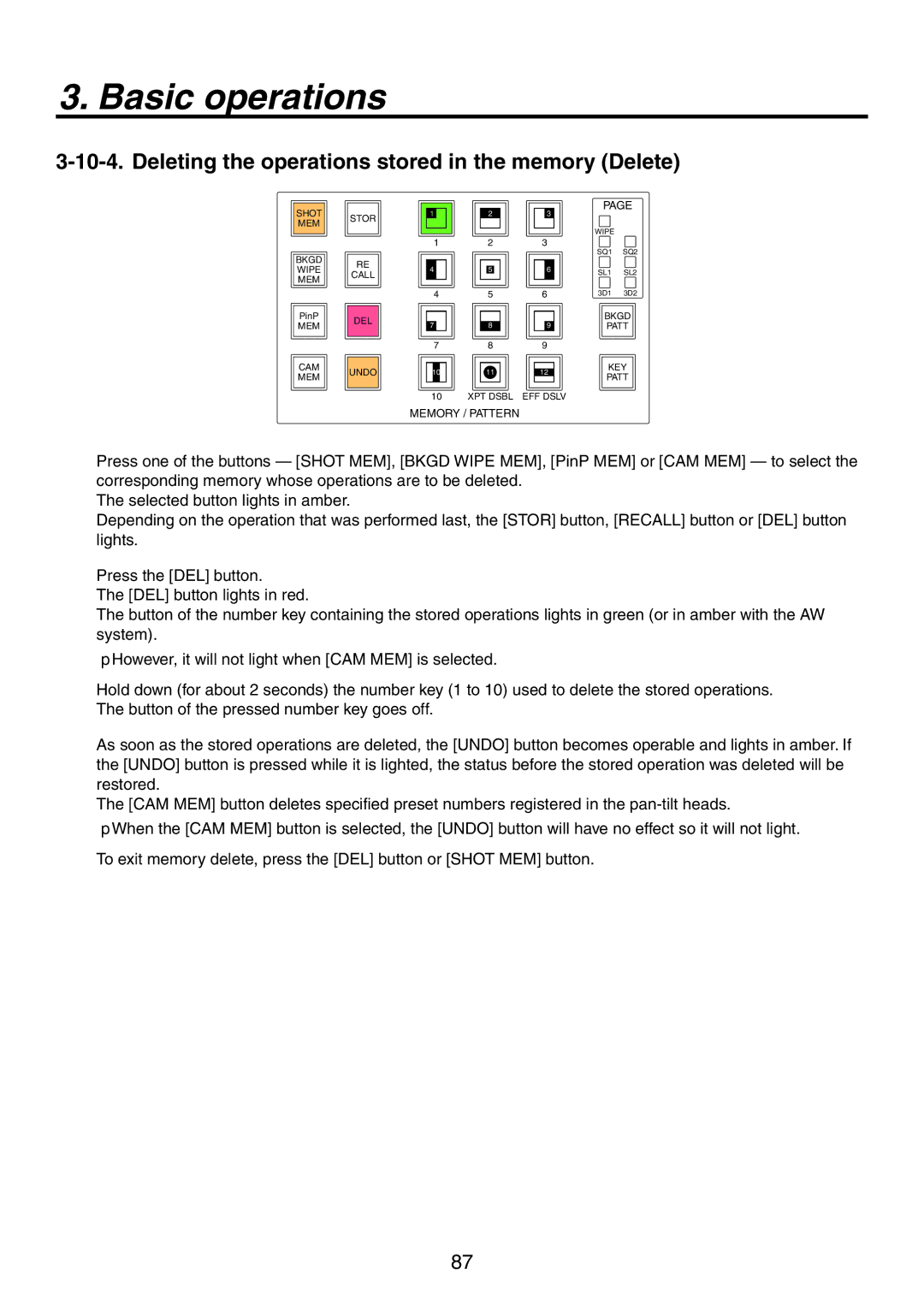 Panasonic AV-HS450N manual Deleting the operations stored in the memory Delete 