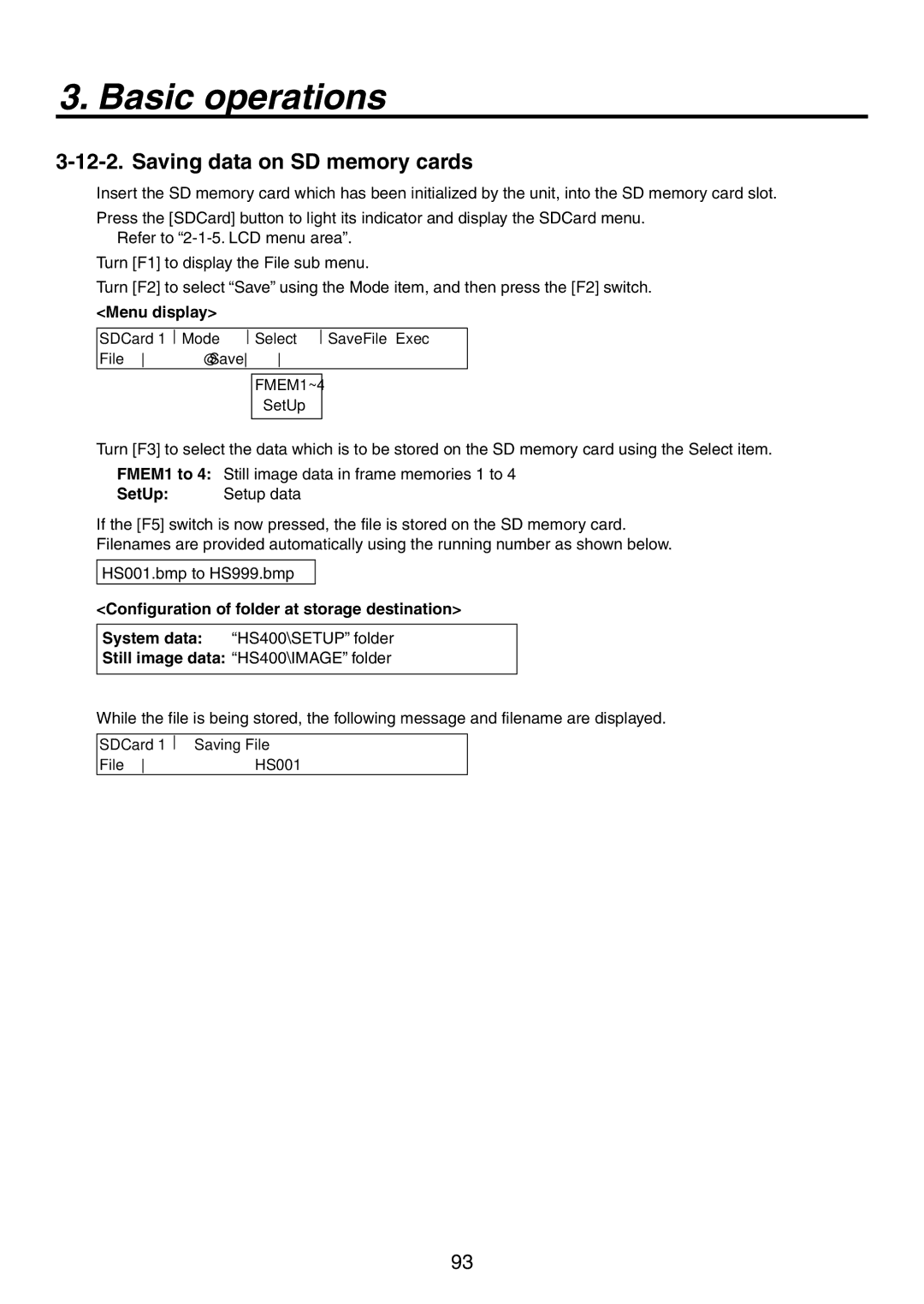 Panasonic AV-HS450N manual Saving data on SD memory cards, SetUp, Configuration of folder at storage destination 