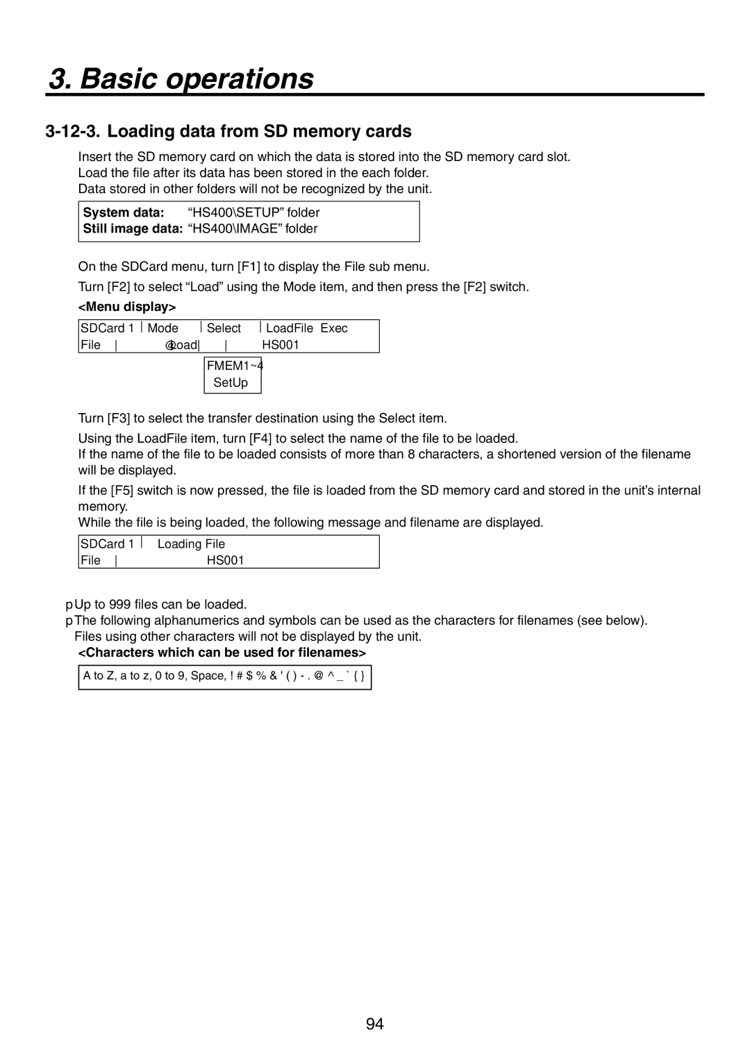 Panasonic AV-HS450N manual Loading data from SD memory cards, Characters which can be used for filenames 