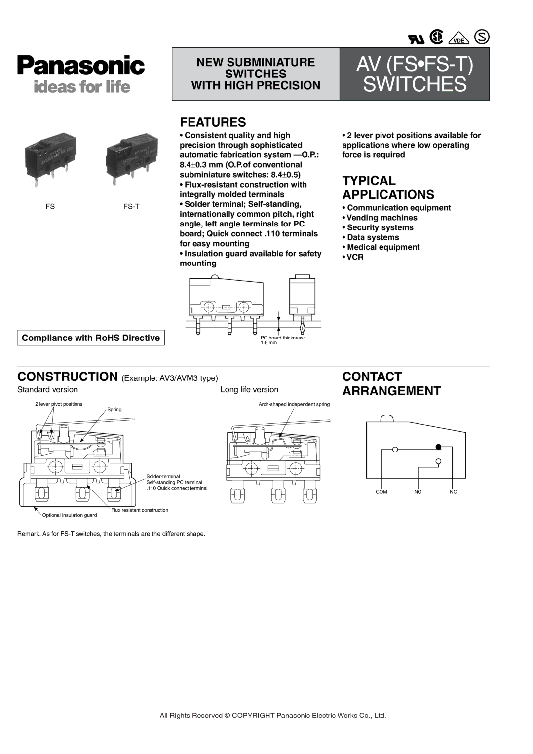 Panasonic AV(FS-FS-T) manual Features, Typical Applications, Contact Arrangement 