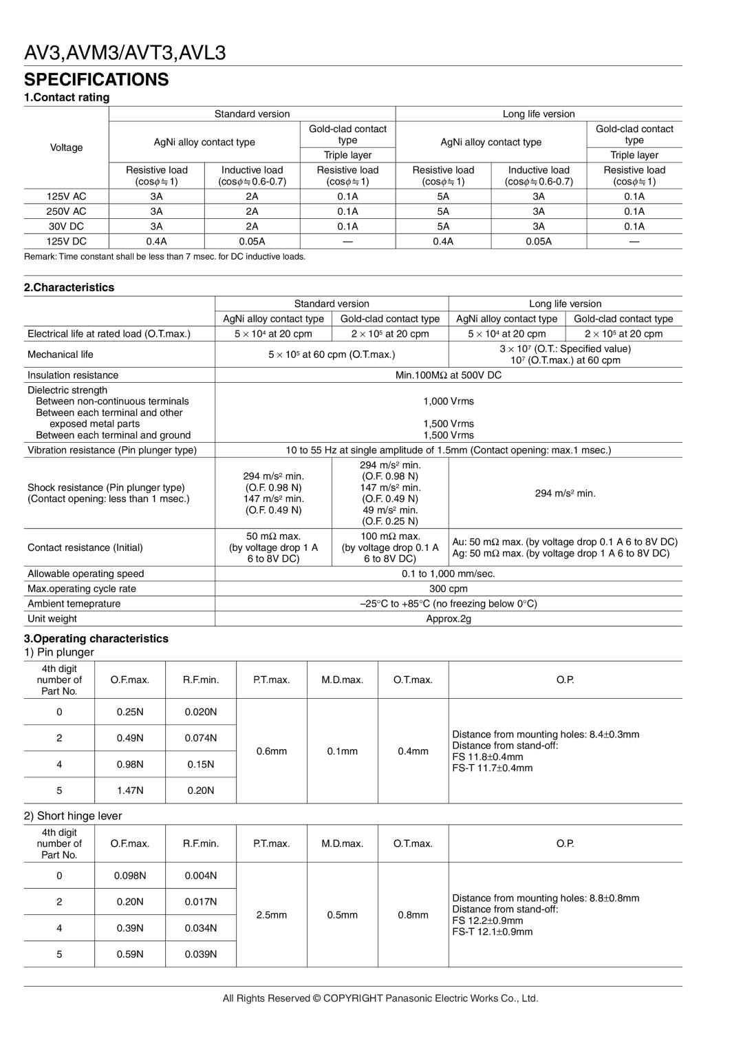 Panasonic AV(FS-FS-T) manual Specifications, Contact rating, Characteristics, Operating characteristics 1 Pin plunger 