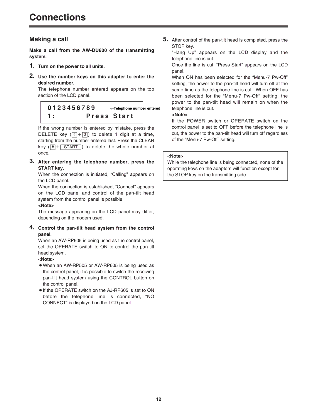 Panasonic AW-DU600 manual Making a call, After entering the telephone number, press the Start key 