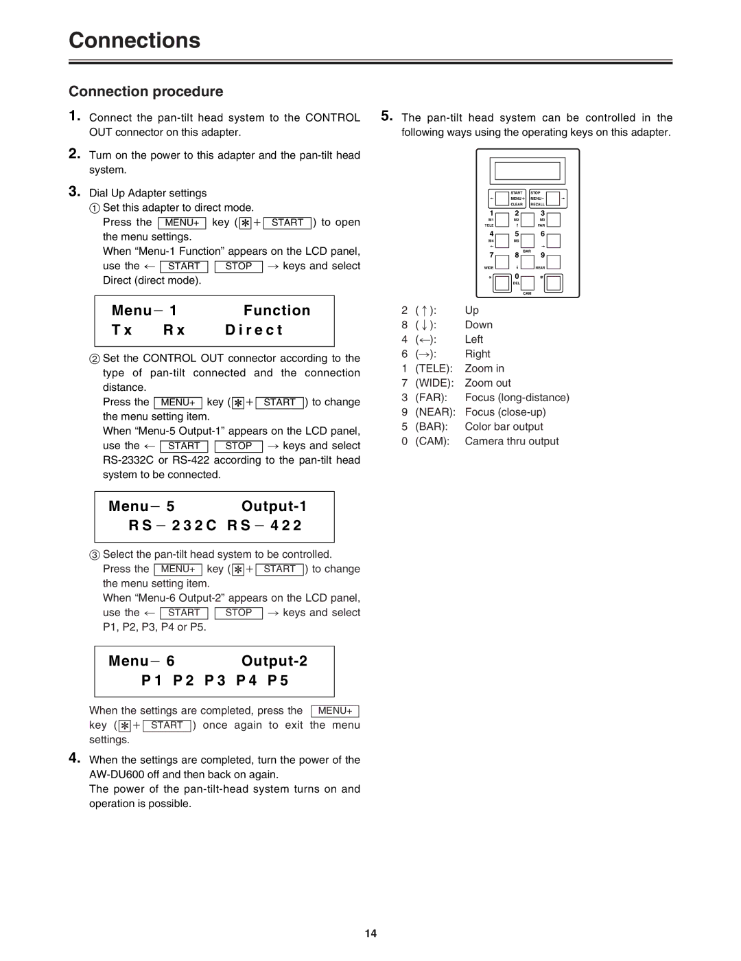 Panasonic AW-DU600 manual Connection procedure, Menuj 5 Output-1 J 2 3 2 C R S j 4 2, Menu j Output-2 P 4 P 