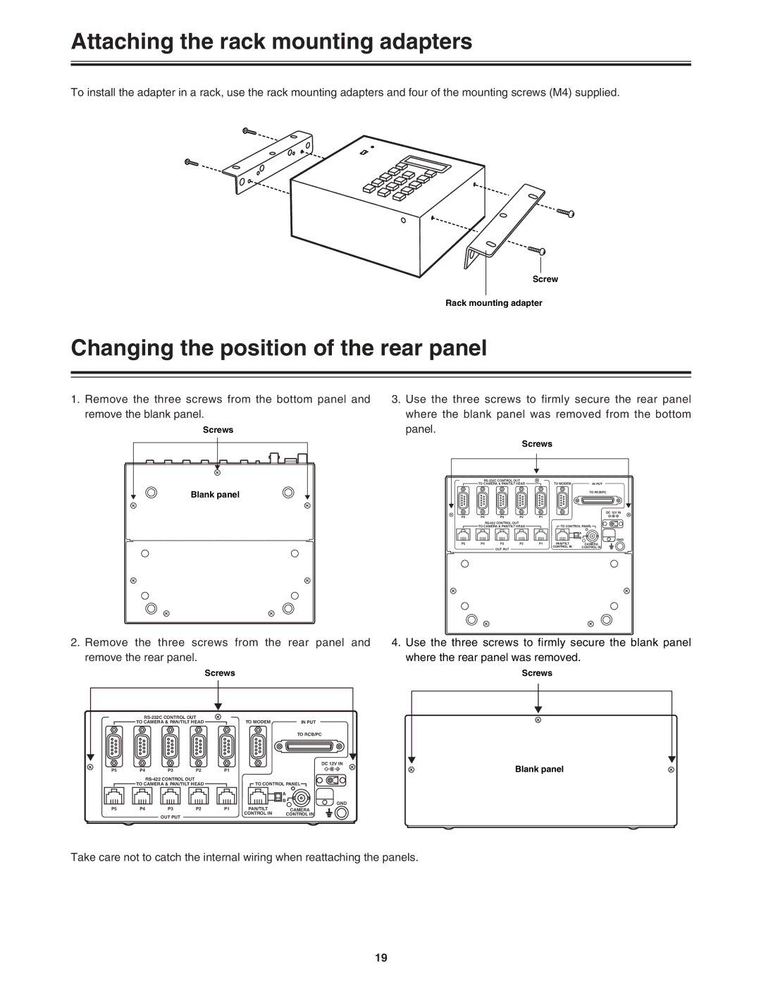 Panasonic AW-DU600 manual Attaching the rack mounting adapters, Changing the position of the rear panel 