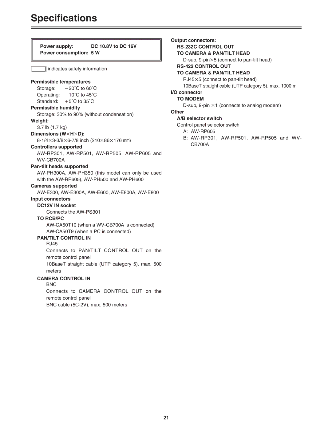 Panasonic AW-DU600 manual Specifications 