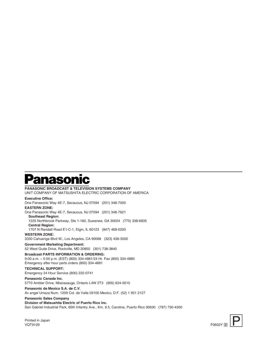 Panasonic AW-DU600 manual Panasonic Broadcast & Television Systems Company 