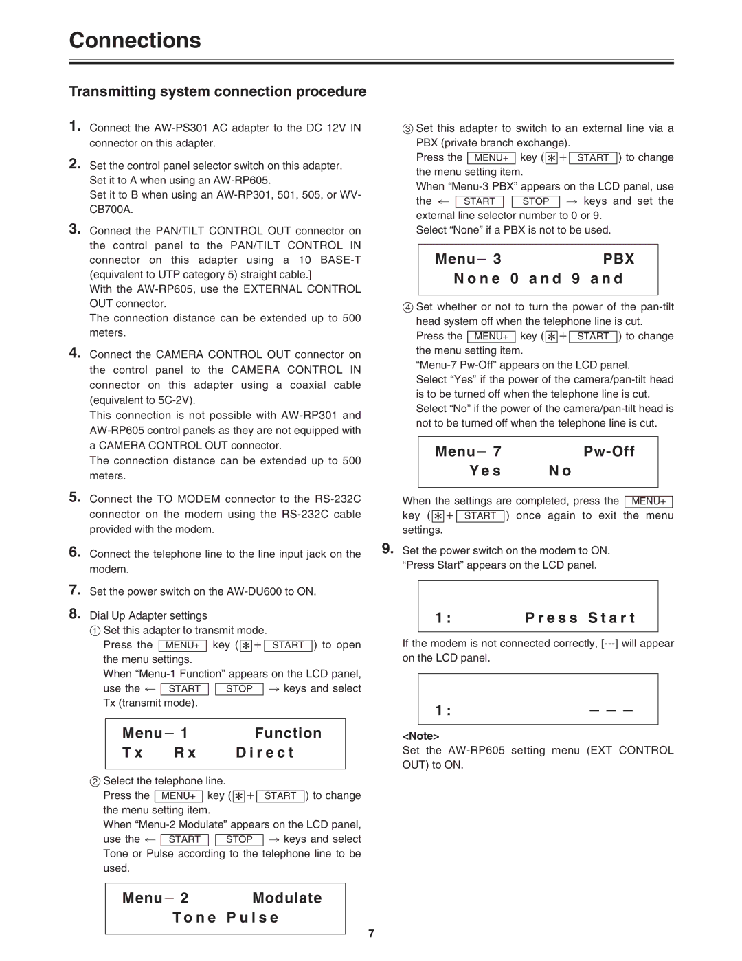 Panasonic AW-DU600 Transmitting system connection procedure, Menu j Function R e c t, N e 0 a n d 9 a n d, Menu j Pw-Off 