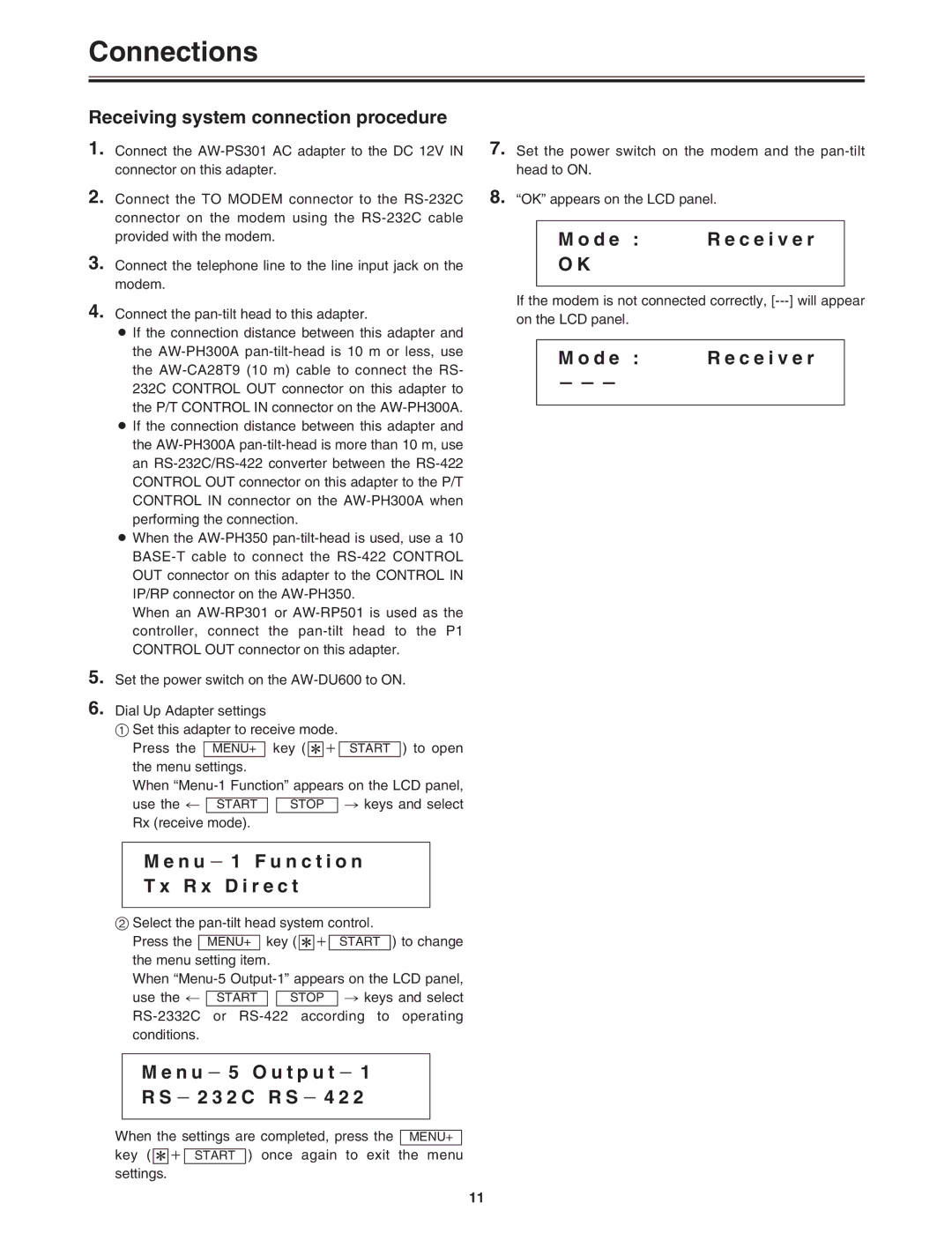 Panasonic AW-DU600P manual Receiving system connection procedure, N u j 1 F u n c t i o n R x D i r e c t, D e 