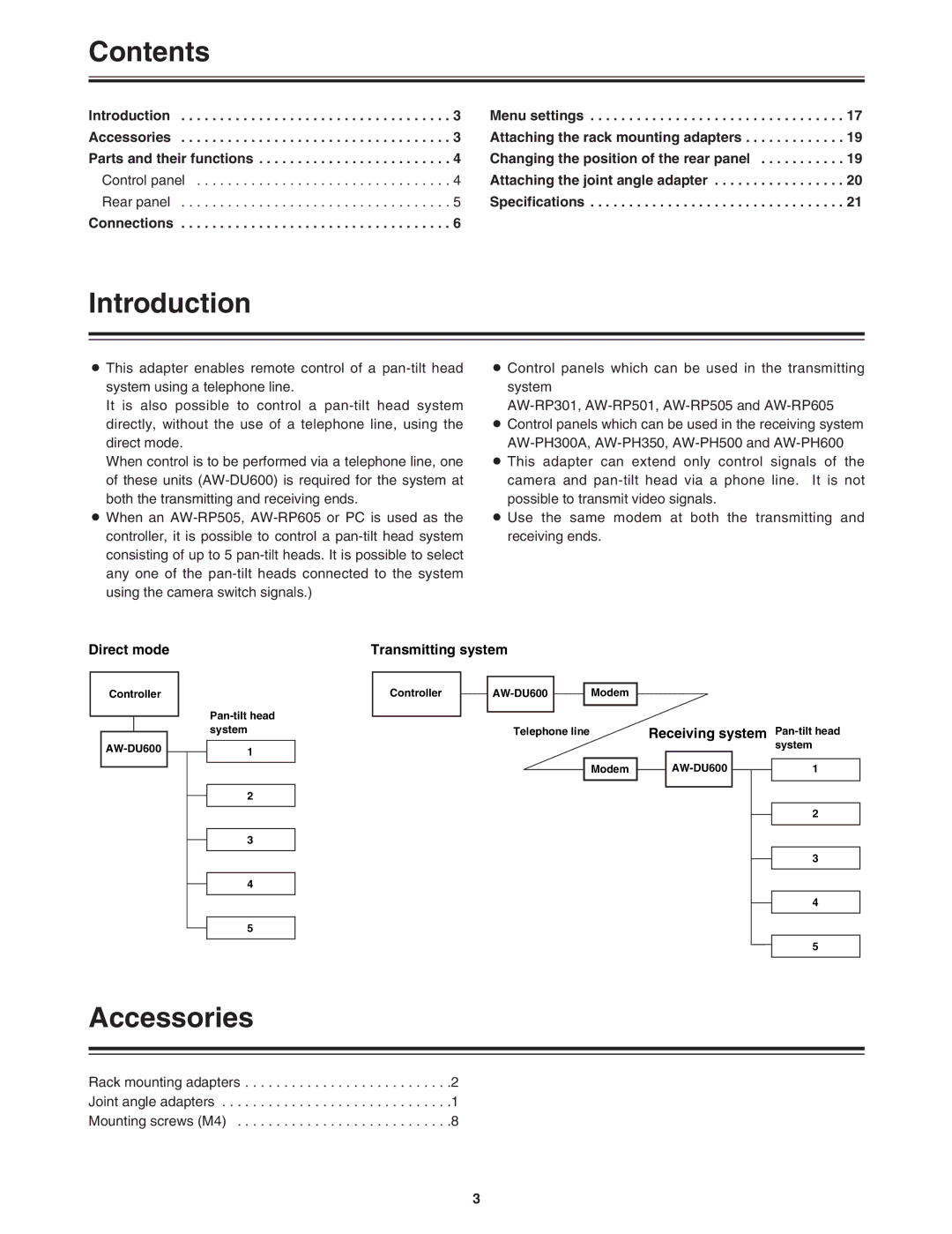 Panasonic AW-DU600P manual Contents, Introduction, Accessories 