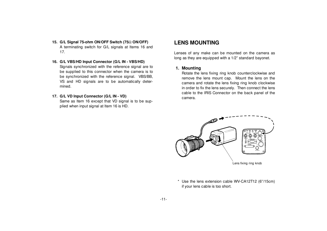 Panasonic AW-E560 manual Lens Mounting, 15. G/L Signal 75-ohm ON/OFF Switch 75Ω ON/OFF 