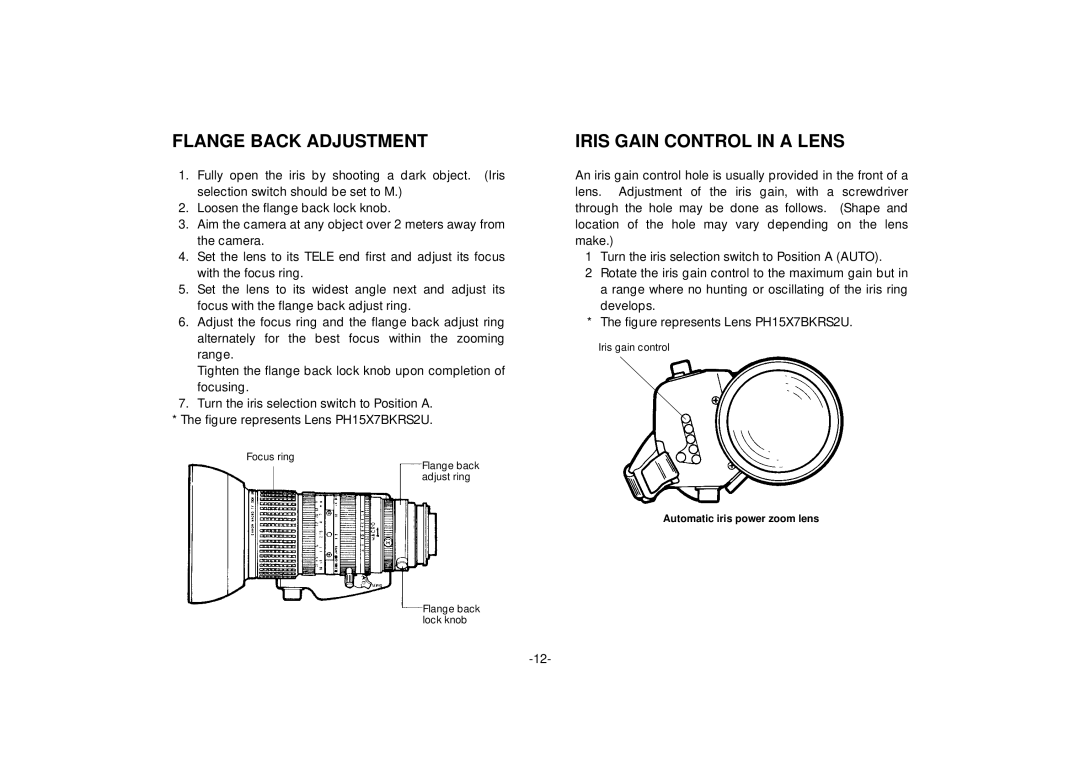 Panasonic AW-E560 manual Flange Back Adjustment, Iris Gain Control in a Lens 