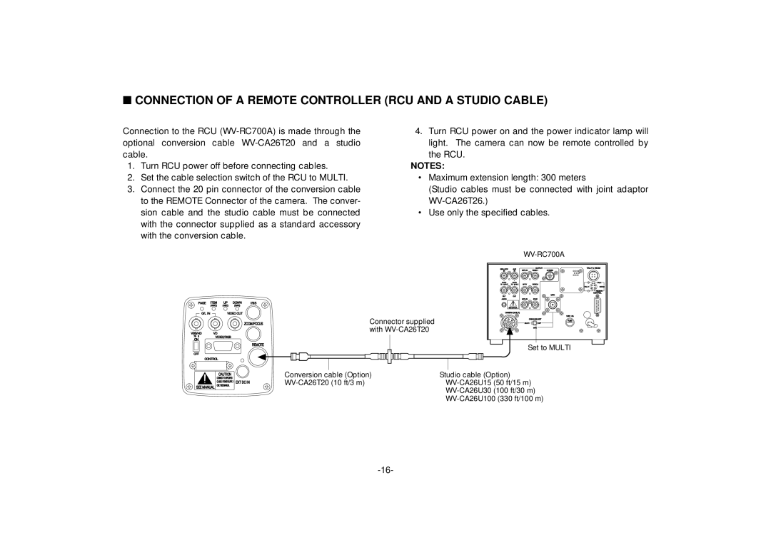 Panasonic AW-E560 manual Connection of a Remote Controller RCU and a Studio Cable 