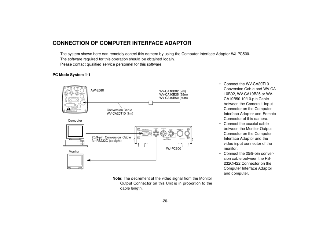 Panasonic AW-E560 manual Connection of Computer Interface Adaptor, PC Mode System 