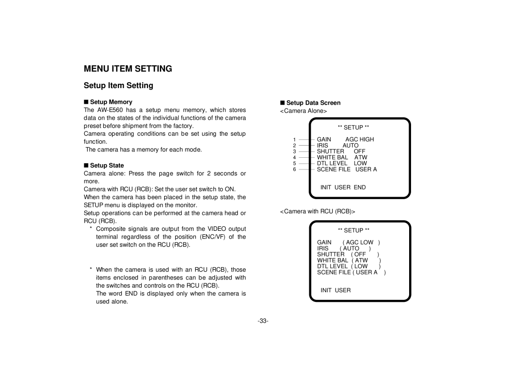 Panasonic AW-E560 manual Menu Item Setting, Setup Memory, Setup State, Setup Data Screen Camera Alone 