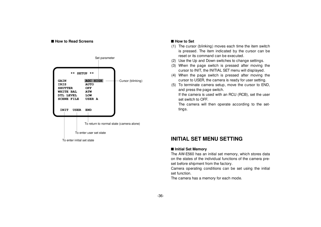 Panasonic AW-E560 manual Initial SET Menu Setting, How to Read Screens, How to Set, Initial Set Memory 