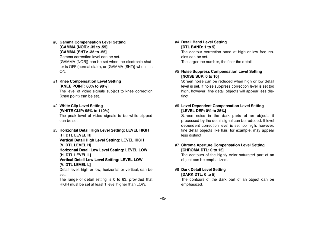 Panasonic AW-E560 manual #1Knee Compensation Level Setting Knee Point 88% to 98%, #4Detail Band Level Setting DTL Band 1 to 