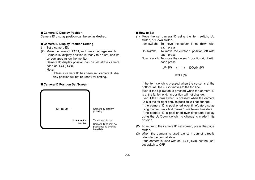 Panasonic AW-E560 manual Camera ID Display Position Setting, Camera ID Position Set Screen 