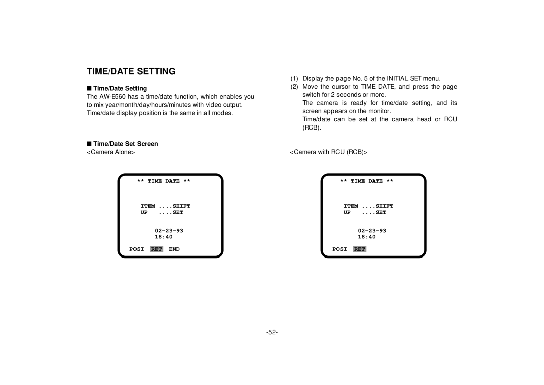 Panasonic AW-E560 manual TIME/DATE Setting, Time/Date Setting, Time/Date Set Screen Camera Alone 