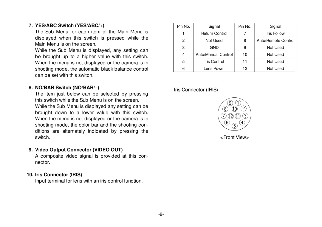 Panasonic AW-E800 YES/ABC Switch YES/ABC/+, NO/BAR Switch NO/BAR, Video Output Connector Video OUT, Iris Connector Iris 