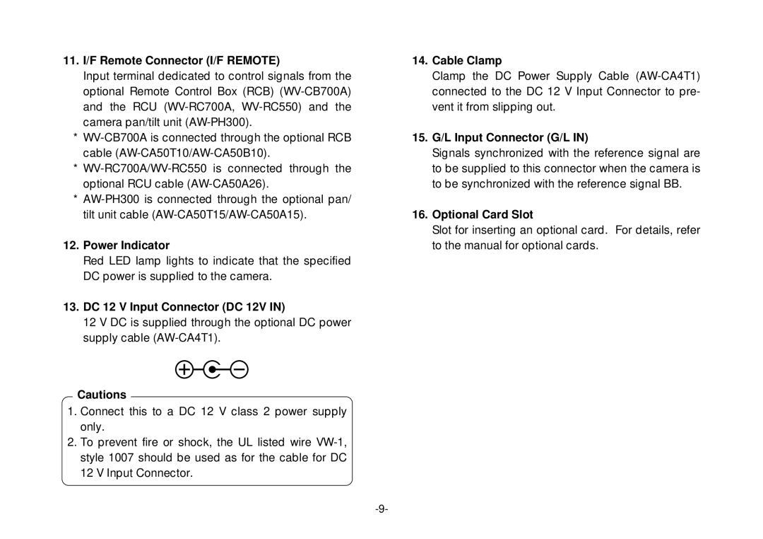 Panasonic AW-E800 manual 11. I/F Remote Connector I/F Remote, Power Indicator, DC 12 V Input Connector DC 12V, Cable Clamp 