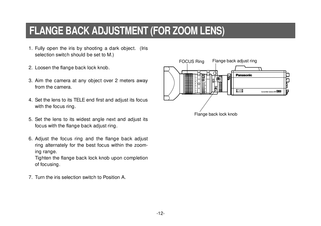 Panasonic AW-E800 manual Flange Back Adjustment for Zoom Lens 