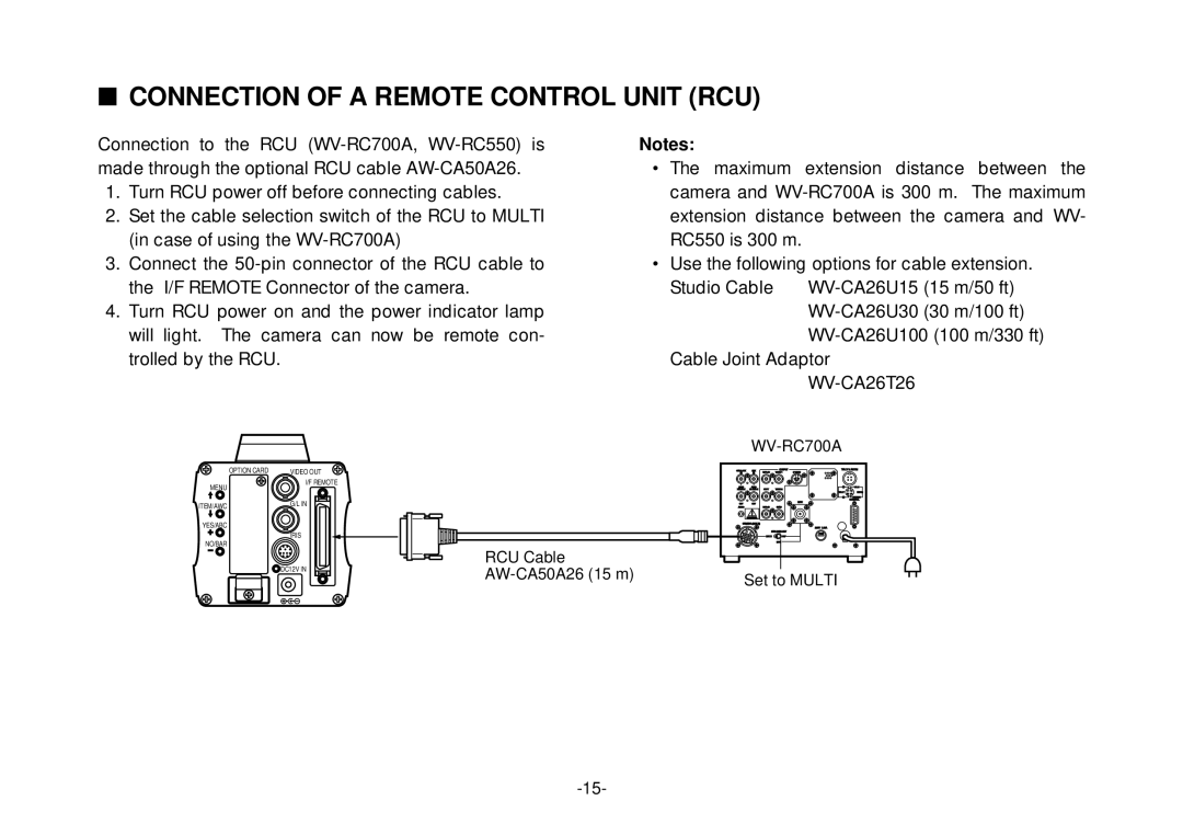 Panasonic AW-E800 manual Connection of a Remote Control Unit RCU, WV-RC700A 