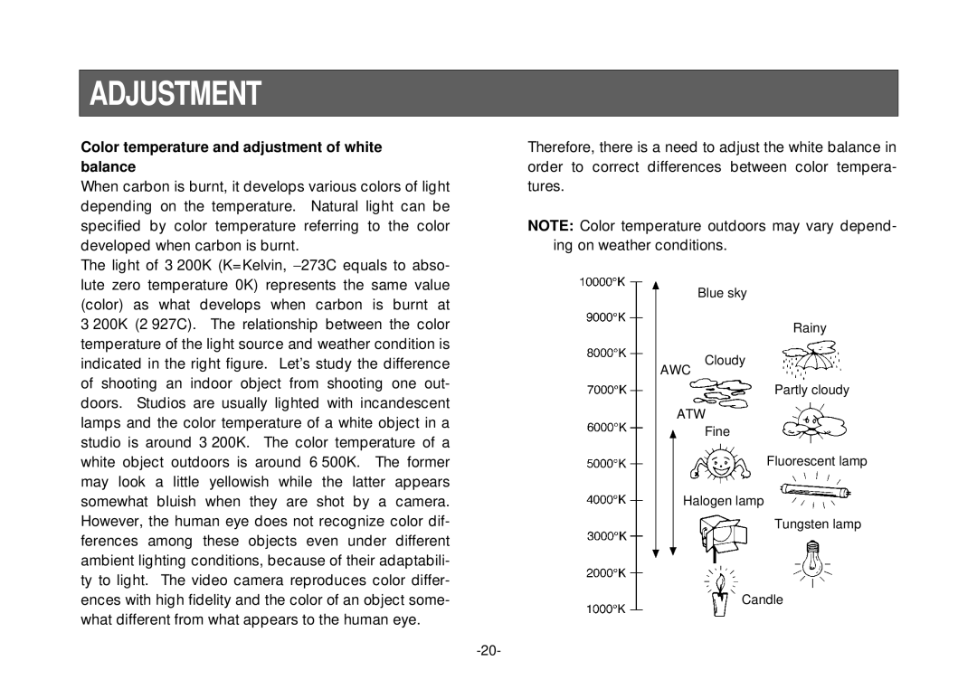 Panasonic AW-E800 manual Adjustment, Color temperature and adjustment of white balance 