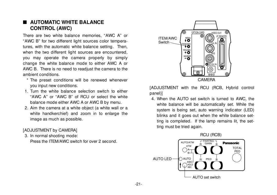 Panasonic AW-E800 manual Automatic White Balance Control AWC, Camera 