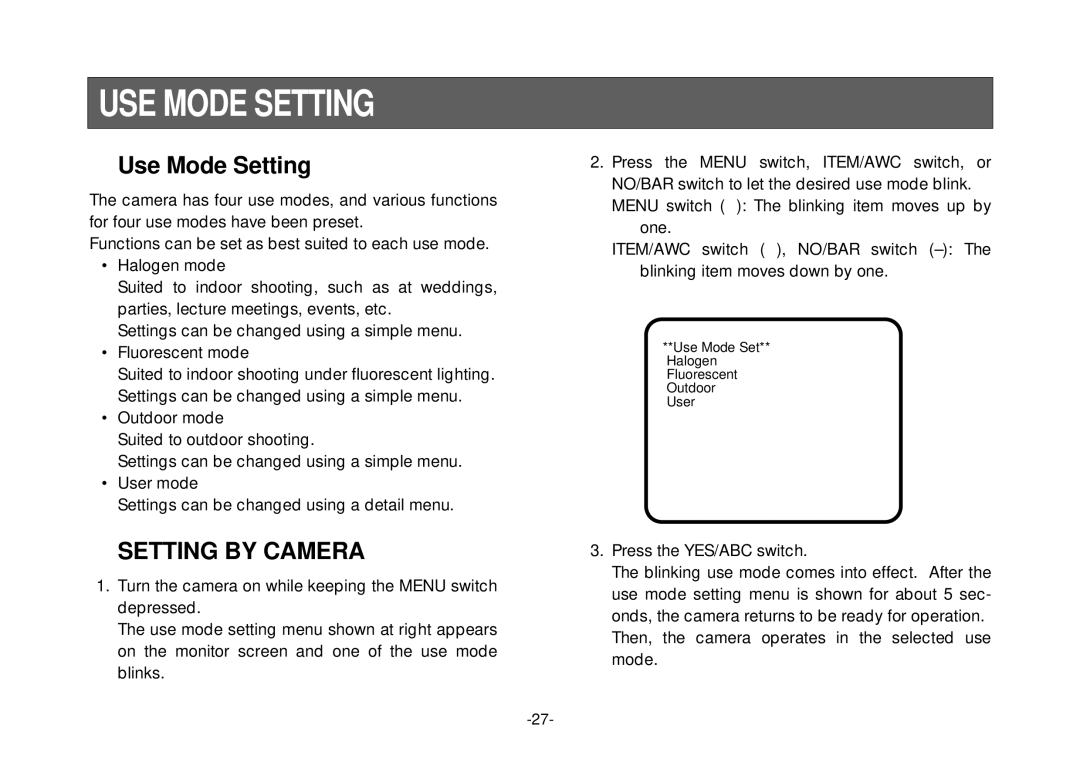 Panasonic AW-E800 manual USE Mode Setting, Setting by Camera 