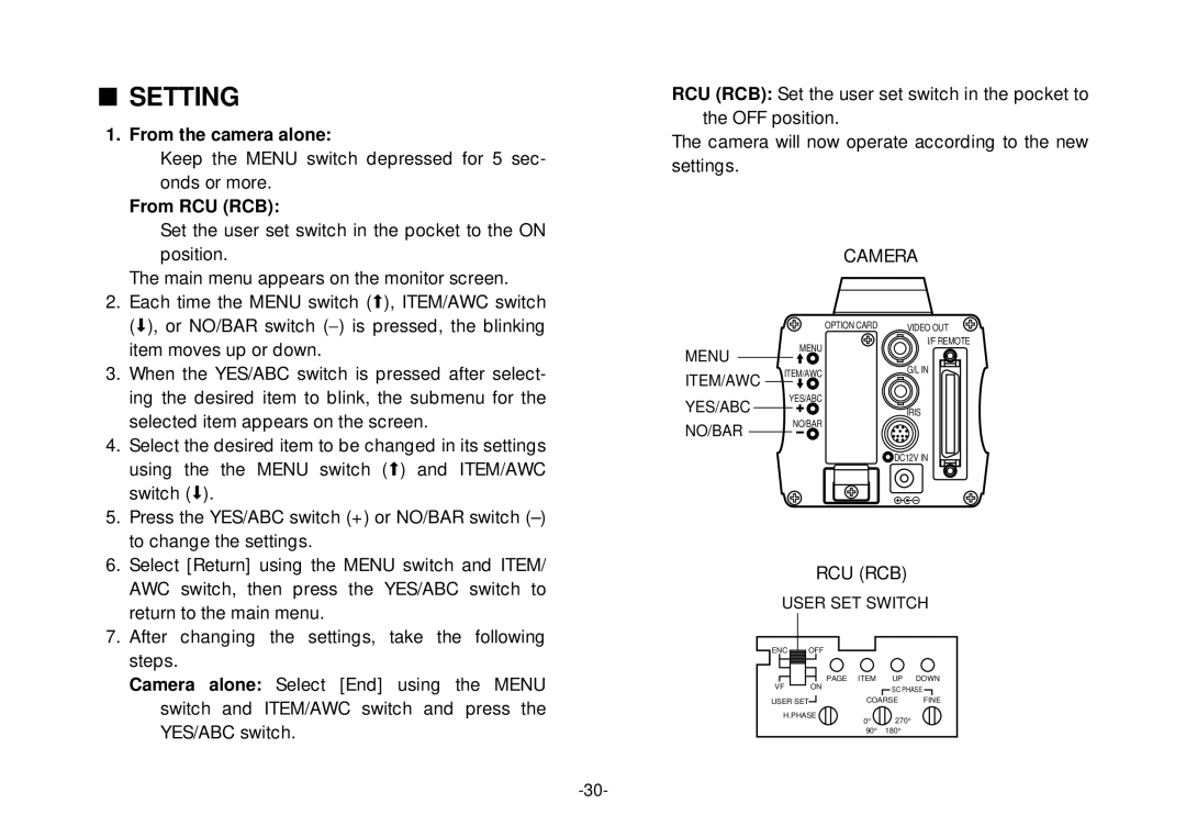 Panasonic AW-E800 manual Setting, From the camera alone, From RCU RCB 