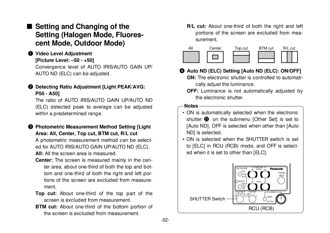 Panasonic AW-E800 manual Video Level Adjustment Picture Level -50 +50, Detecting Ratio Adjustment Light PEAK/AVG P50 A50 