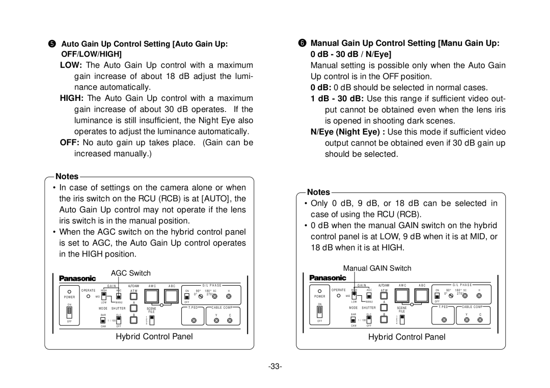 Panasonic AW-E800 manual Manual Gain Up Control Setting Manu Gain Up DB 30 dB / N/Eye 