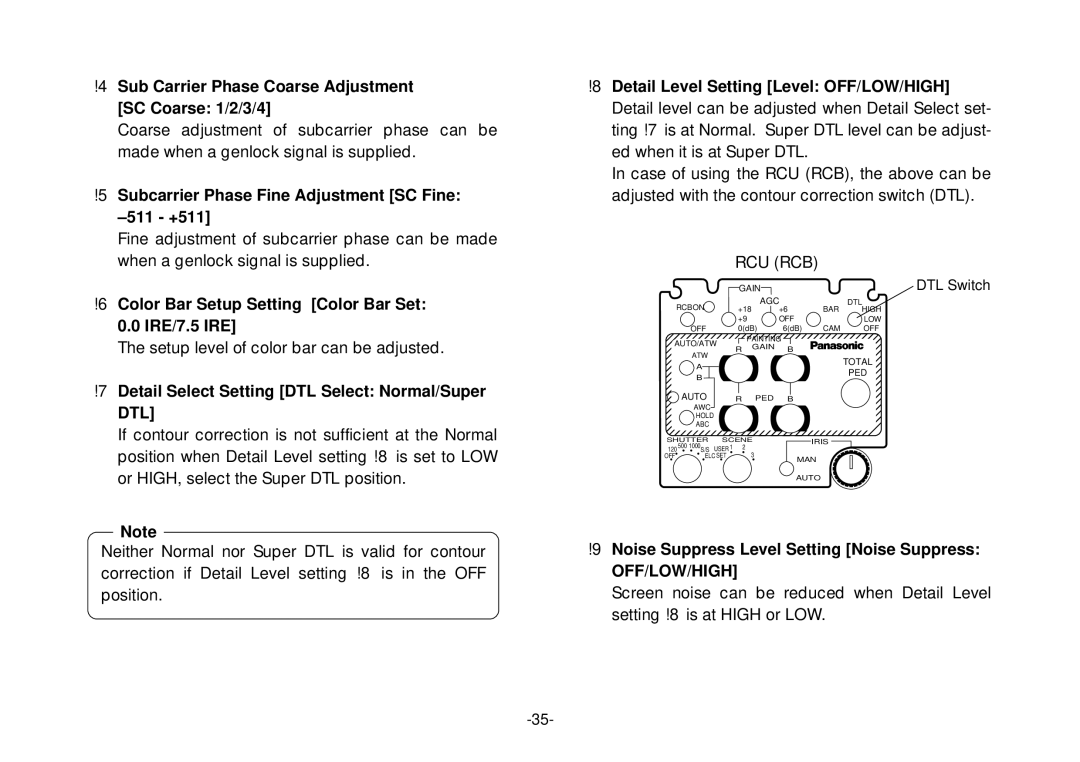 Panasonic AW-E800 4Sub Carrier Phase Coarse Adjustment SC Coarse 1/2/3/4, 7Detail Select Setting DTL Select Normal/Super 