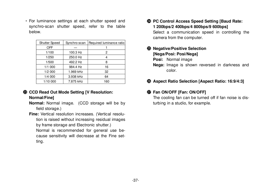 Panasonic AW-E800 @3CCD Read Out Mode Setting V Resolution Normal/Fine, @5Negative/Positive Selection Nega/Posi Posi/Nega 