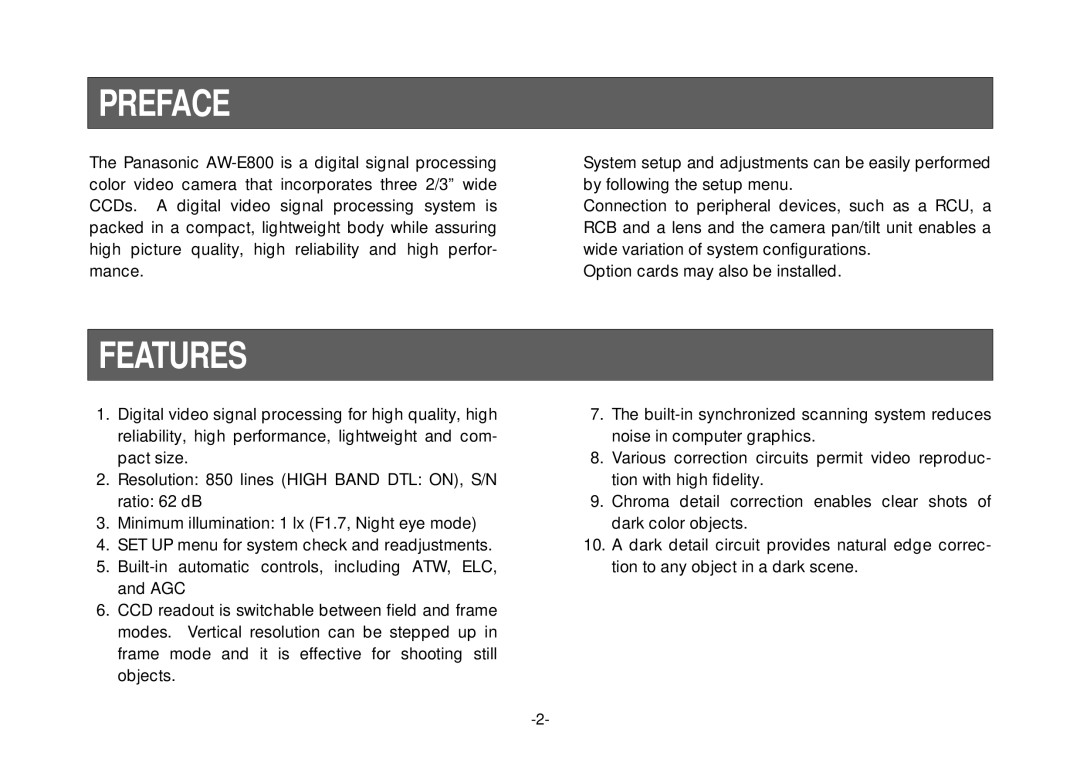 Panasonic AW-E800 manual Preface, Features 