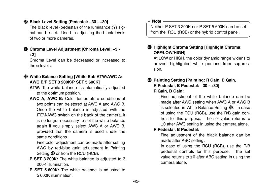 Panasonic AW-E800 manual #7Black Level Setting Pedestal -30 +30, #8Chroma Level Adjustment Chroma Level -3 +3 