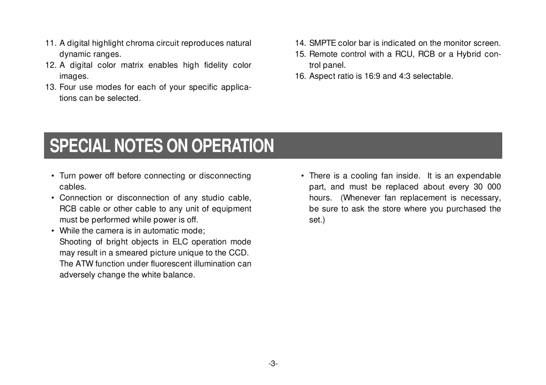 Panasonic AW-E800 manual Special Notes on Operation 