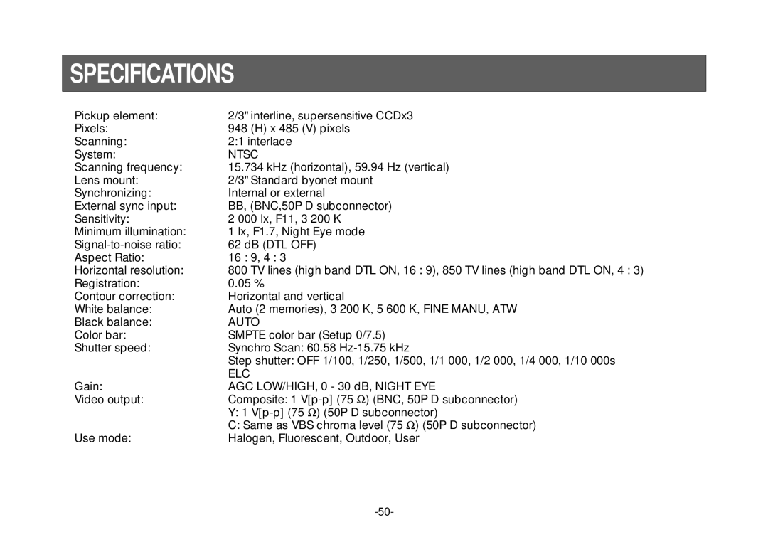 Panasonic AW-E800 manual Specifications, Ntsc 